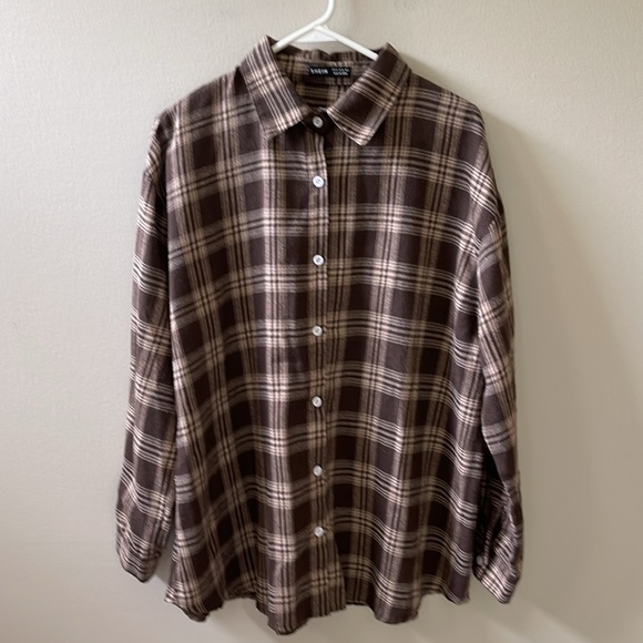 SHEIN Women’s Flannel Long Sleeve Shirt Brown and Tan Sz 6 - Picture 4 of 13